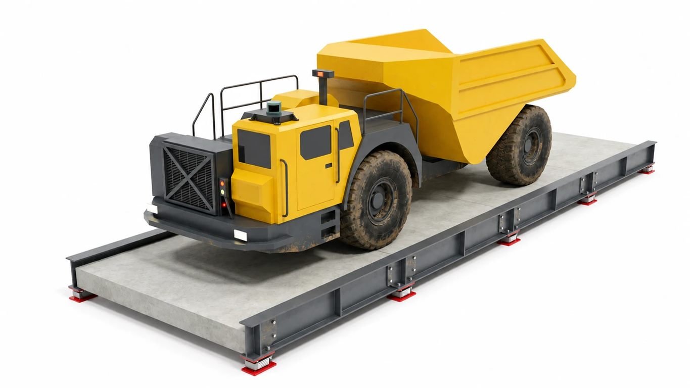 3D model render of a heavy-duty concrete deck with steel girders and an underground mining truck in position