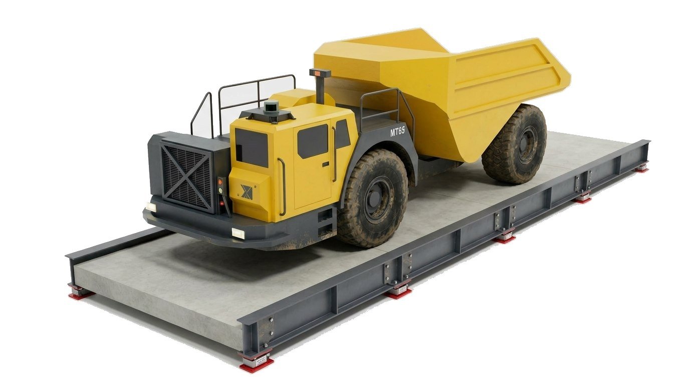 3D model render of a heavy-duty concrete deck with steel girders and an underground mining truck in position