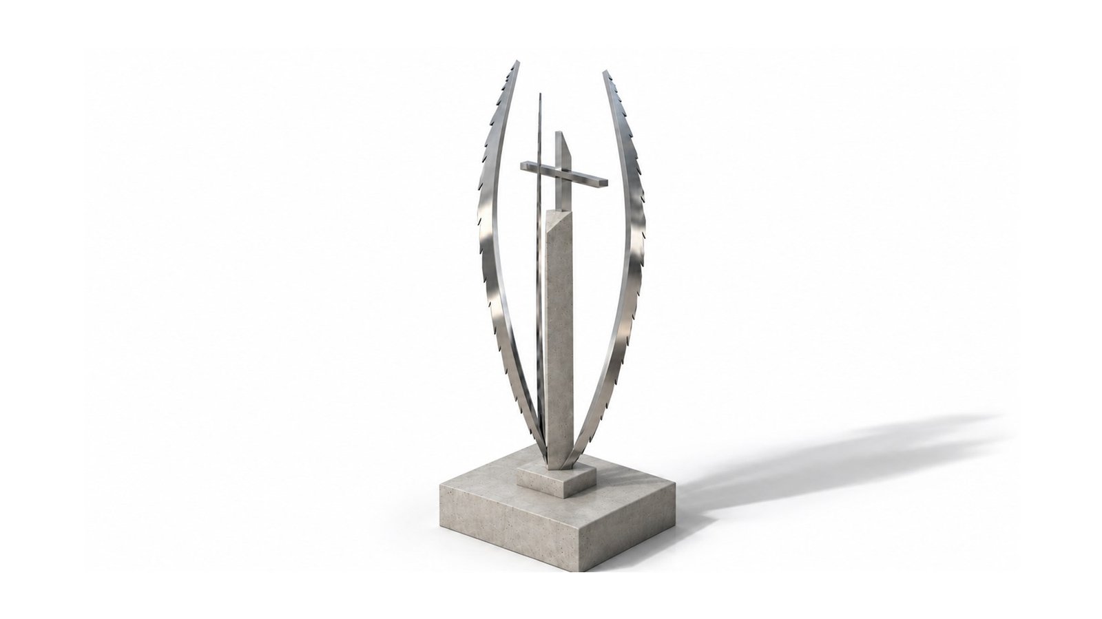 3D render of a stainless steel winged sculpture with cross on a concrete plinth for a Catholic college â€“ Geometric Design Engineering