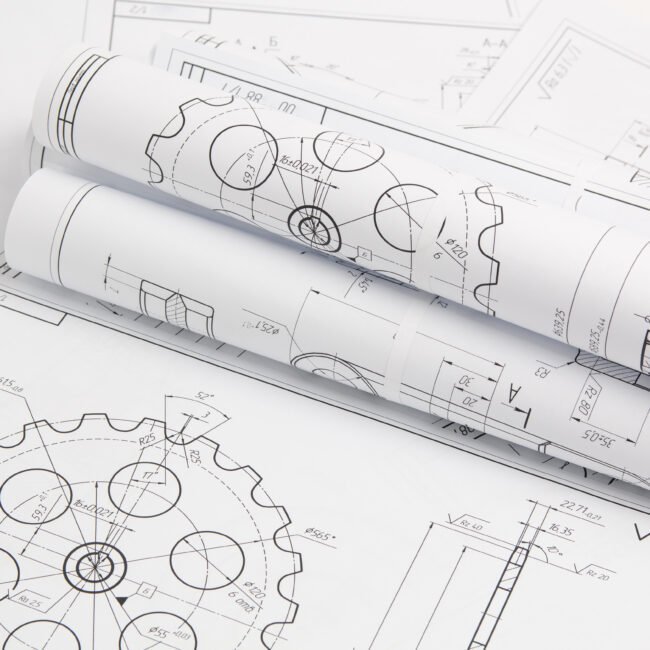 Rolled engineering blueprints with gear drawings
