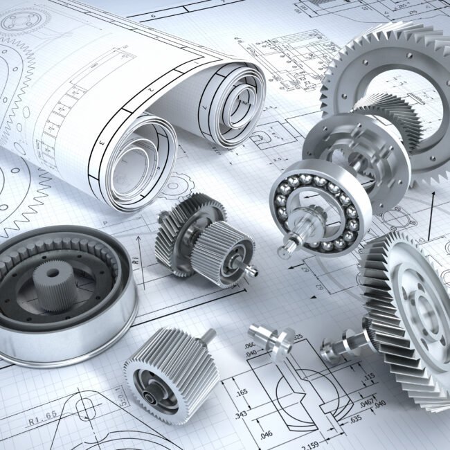 Gears and bearings on mechanical engineering blueprints
