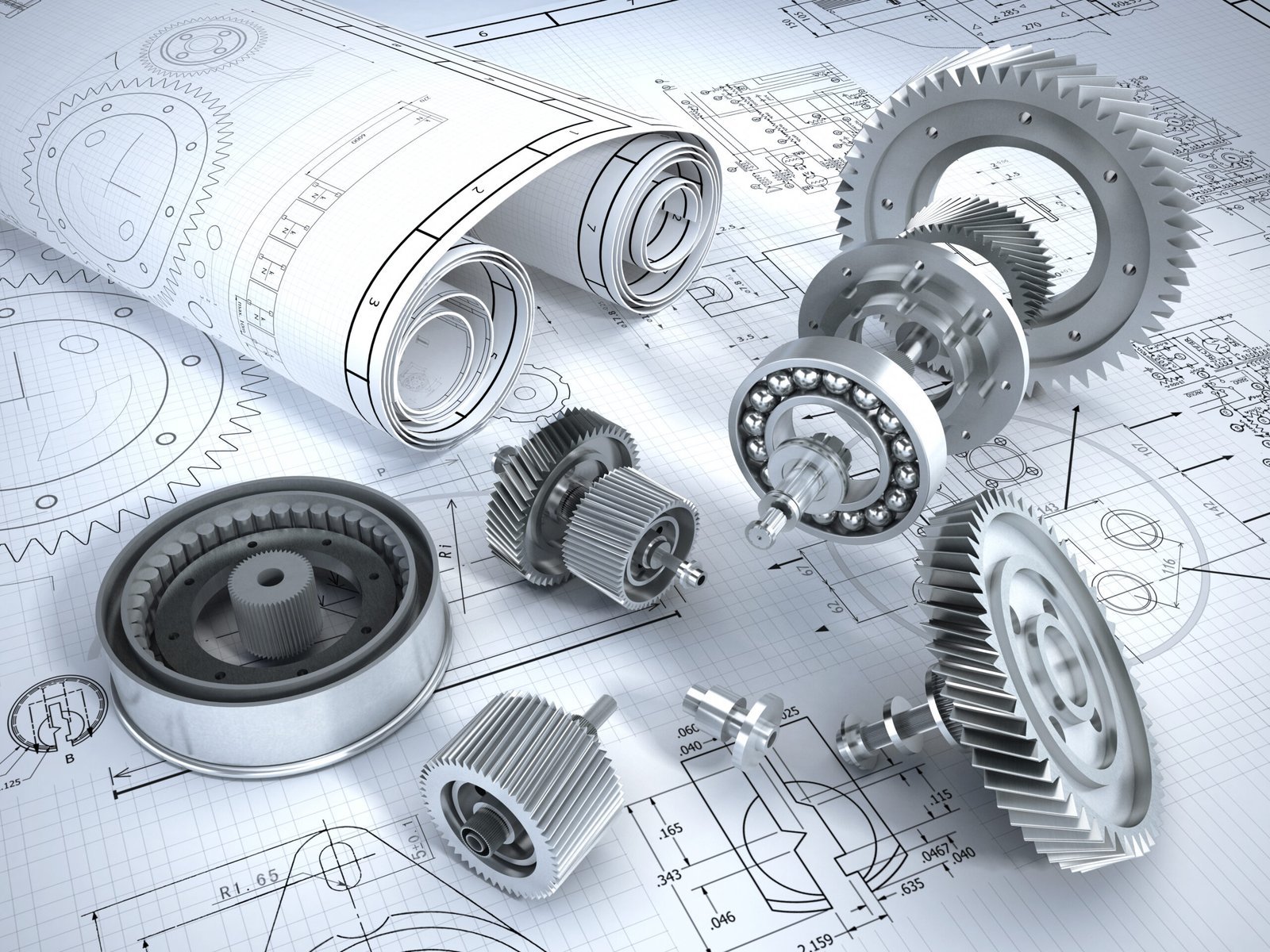 Gears and bearings on mechanical engineering blueprints