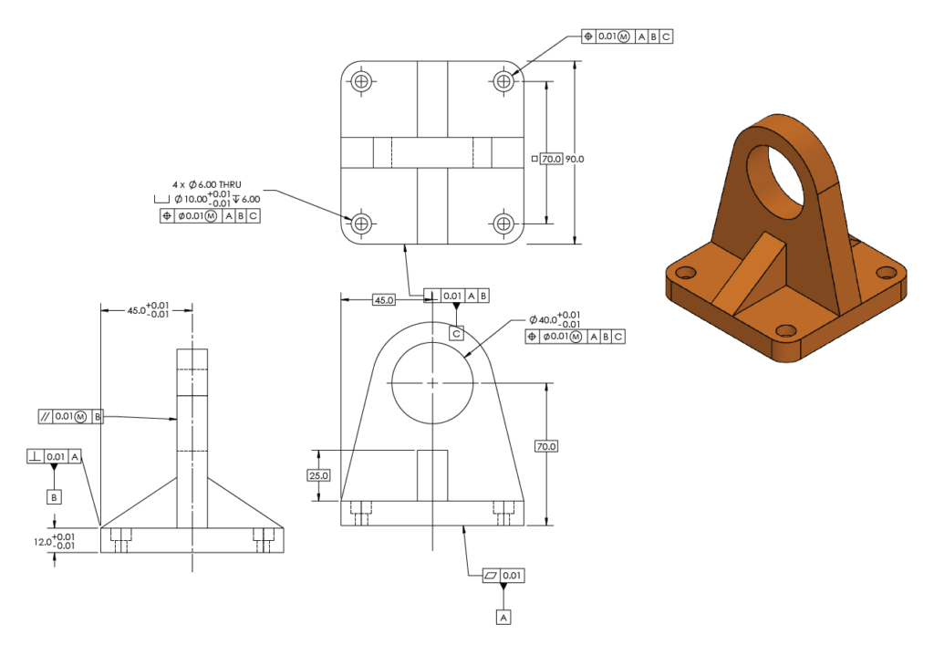 Engineering drawing and 3D model of a steel mounting bracket