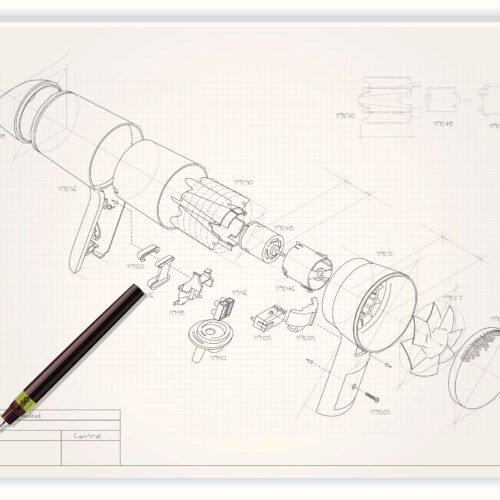 Technical sketch of a mechanical assembly with a drafting pen